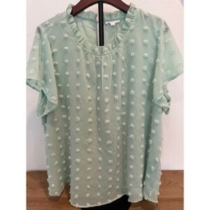 Chic Soul 1X Mint Green Pom Pom Ruffle Neck Short Sleeve Blouse Top